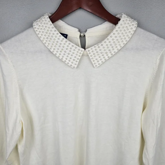 RSVP By Talbots Pearl Embelllished Top 3/4 Sleeve Ivory‎ Women Sz L Classic Chic - Picture 4 of 14